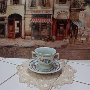 Antique Floral Demitasse Double Handle Tea\Coffee Cup Saucer Limoges France